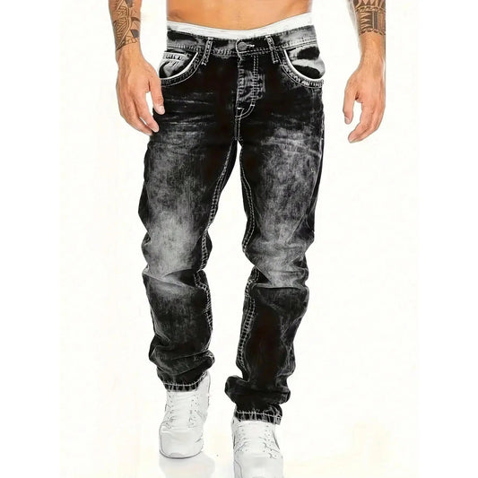 🎁Ingyenes ajándék👖 Tartós vintage farmernadrág✨ Laza denimből készült nadrág – Egyedi mosott hatás és kontrasztos díszvarrás!
