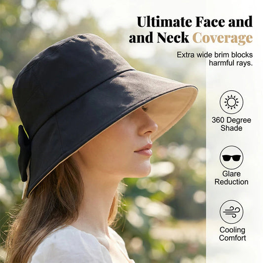 🏖️Napvédő nyaralócsomag🎁Ingyenes napszemüveg🕶️🌞 Védje arcát és nyakát a naptól – 👒Női széles karimájú, összehajtható napkalap masnival!