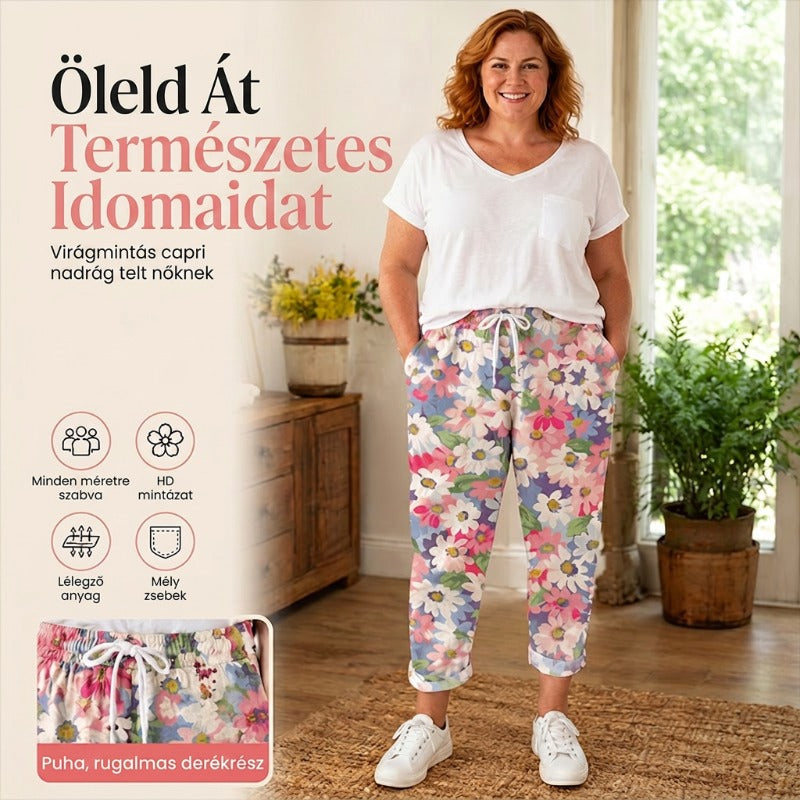🌸 Virágmintás háromnegyedes nadrág molett nőknek🌿 Laza szabás, lágy esés, bokáig érő hossz!