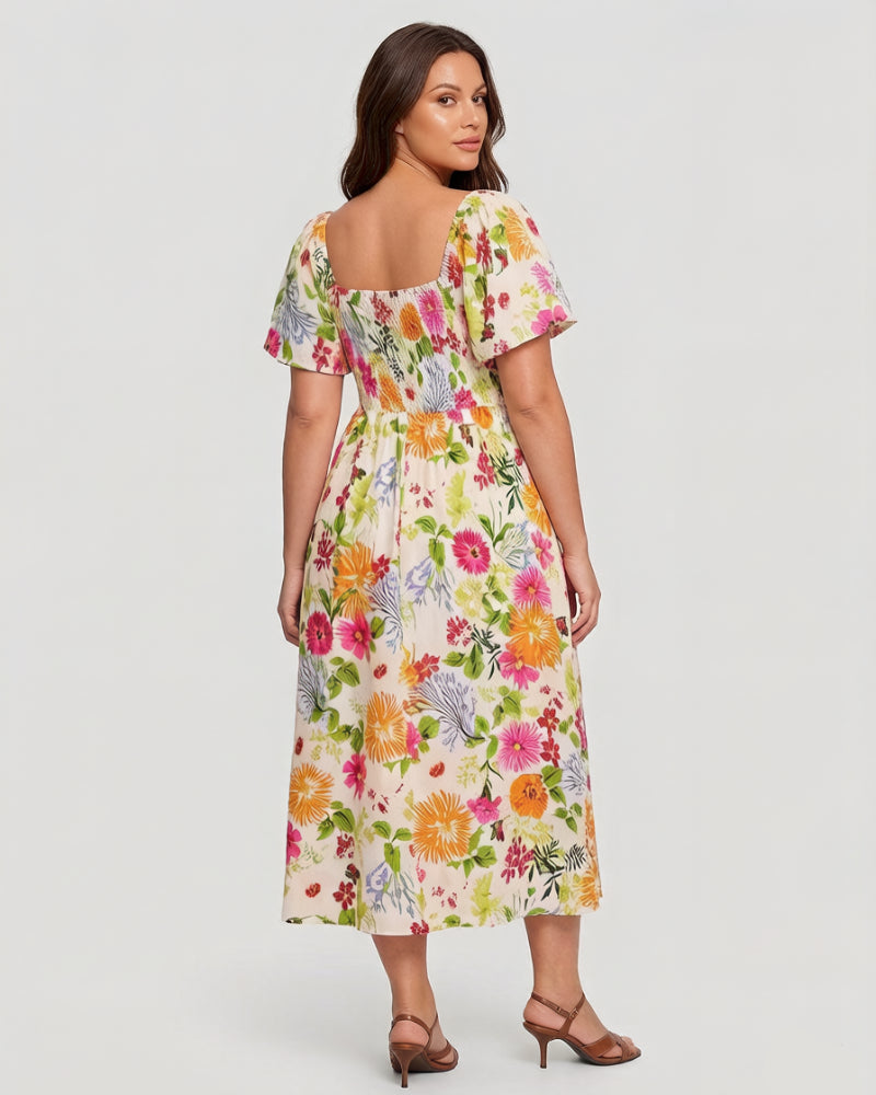 👗 Virágmintás midi ruha, smockolt négyzet alakú nyakkivágással és zsebekkel ✨