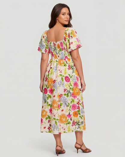 👗 Virágmintás midi ruha, smockolt négyzet alakú nyakkivágással és zsebekkel ✨