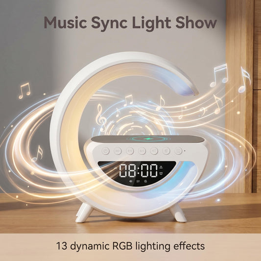 🎵 Félhold alakú RGB hangszórós lámpa vezeték nélküli töltővel 🔋