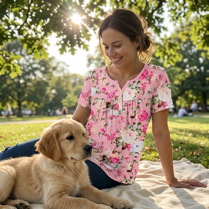 🌺 Női, lebegő szabású, virágmintás, gombos póló 🏖️