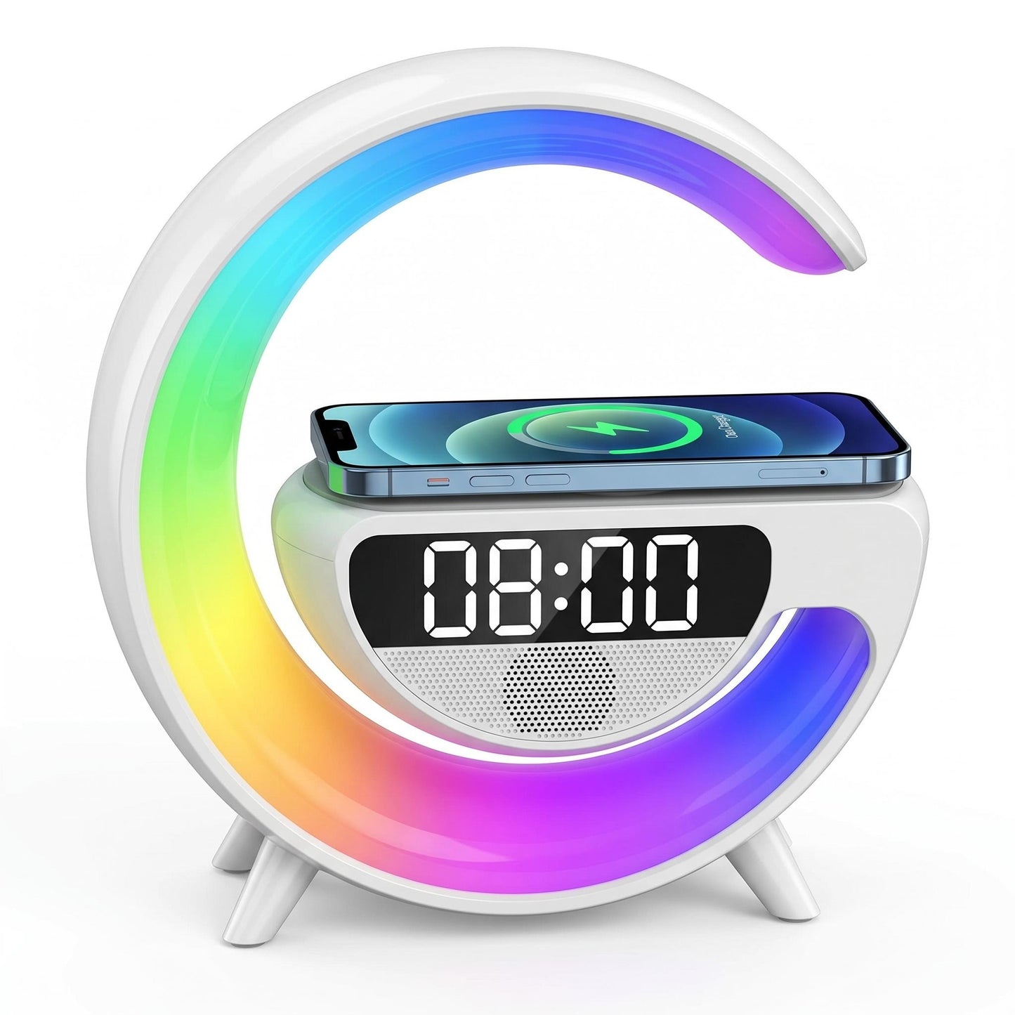 🎵 Félhold alakú RGB hangszórós lámpa vezeték nélküli töltővel 🔋
