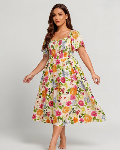 👗 Virágmintás midi ruha, smockolt négyzet alakú nyakkivágással és zsebekkel ✨