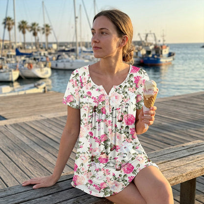 🌺 Női, lebegő szabású, virágmintás, gombos póló 🏖️