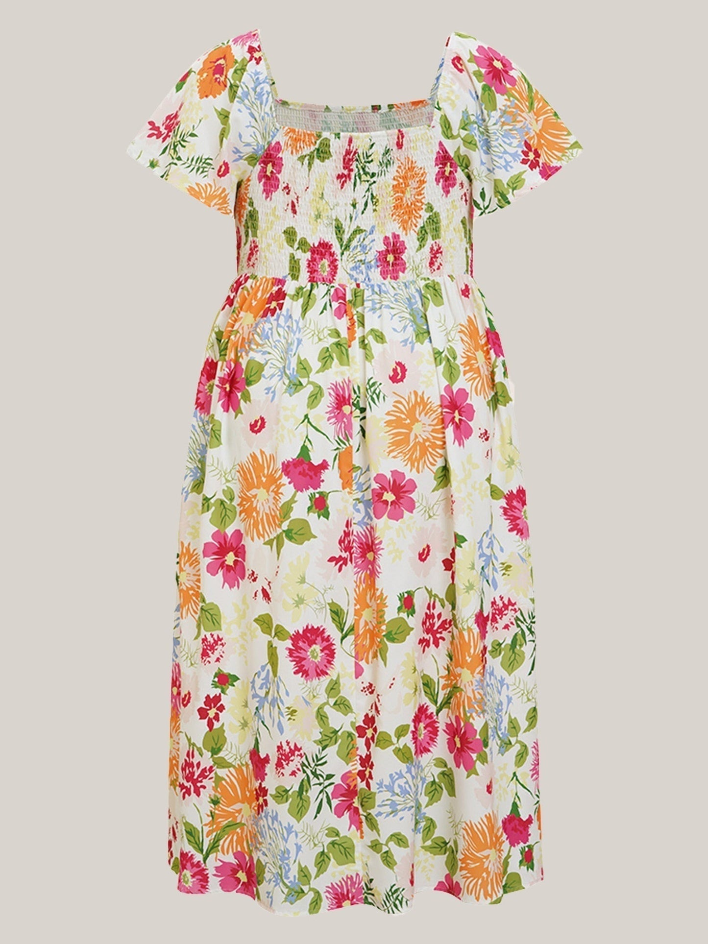 👗 Virágmintás midi ruha, smockolt négyzet alakú nyakkivágással és zsebekkel ✨