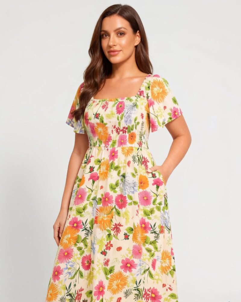 👗 Virágmintás midi ruha, smockolt négyzet alakú nyakkivágással és zsebekkel ✨