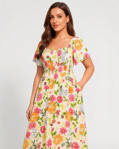 👗 Virágmintás midi ruha, smockolt négyzet alakú nyakkivágással és zsebekkel ✨