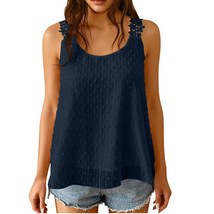 🎀 Elegáns, pöttyös csipkés pántos ujjatlan top ✨
