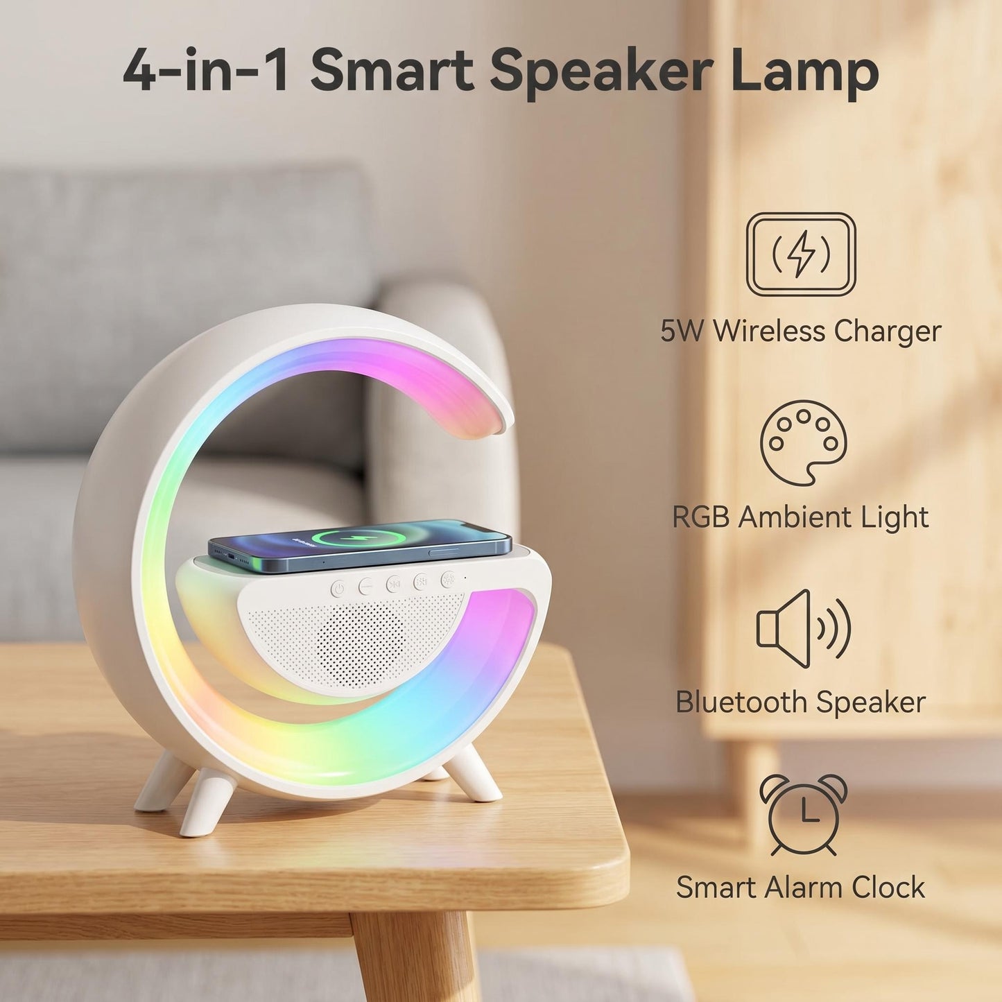 🎵 Félhold alakú RGB hangszórós lámpa vezeték nélküli töltővel 🔋