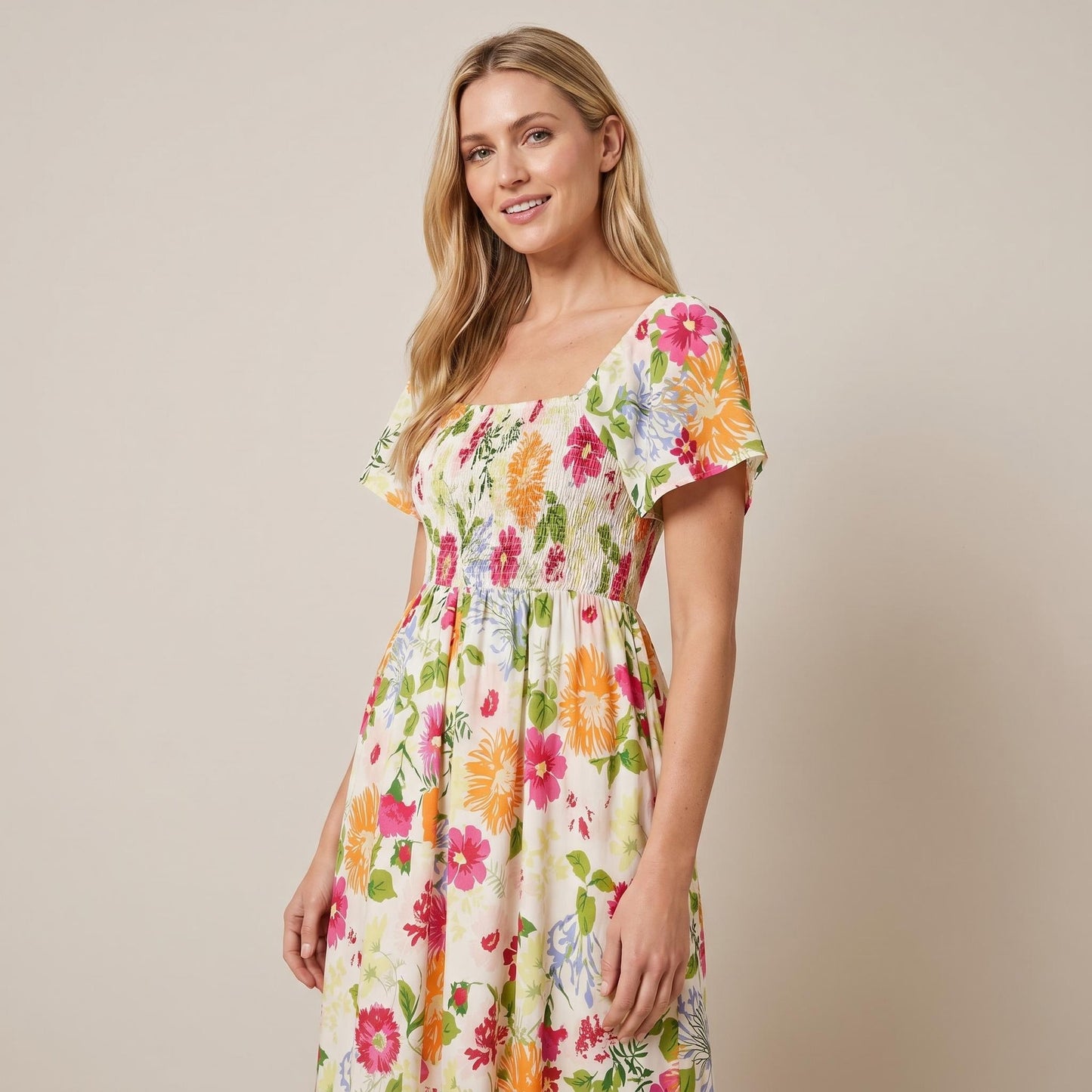 👗 Virágmintás midi ruha, smockolt négyzet alakú nyakkivágással és zsebekkel ✨