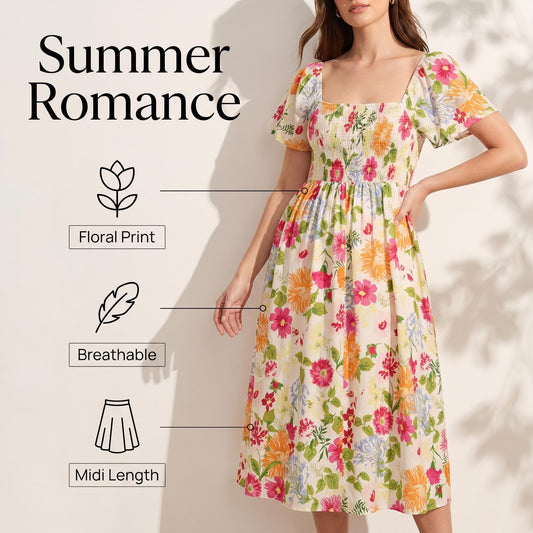 👗 Virágmintás midi ruha, smockolt négyzet alakú nyakkivágással és zsebekkel ✨