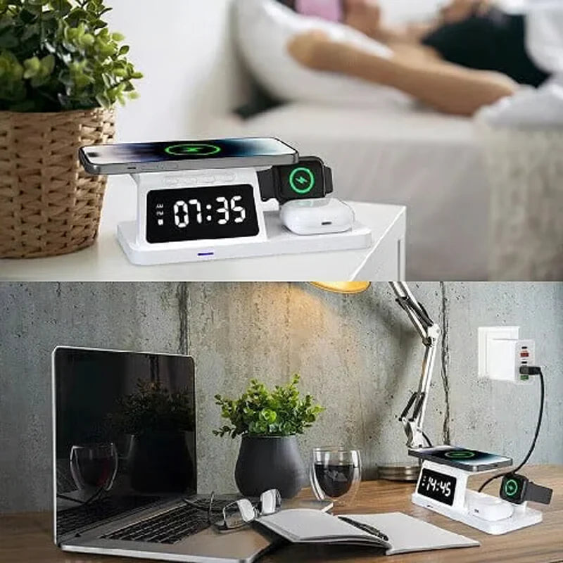 😘Eredeti ár 70% kedvezménnyel⚡4-en-1 Vezeték nélküli Töltő – 15W Gyorstöltés + LED Óra!