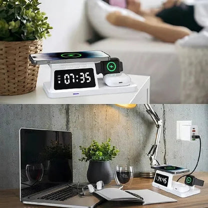 😘Eredeti ár 70% kedvezménnyel⚡4-en-1 Vezeték nélküli Töltő – 15W Gyorstöltés + LED Óra!