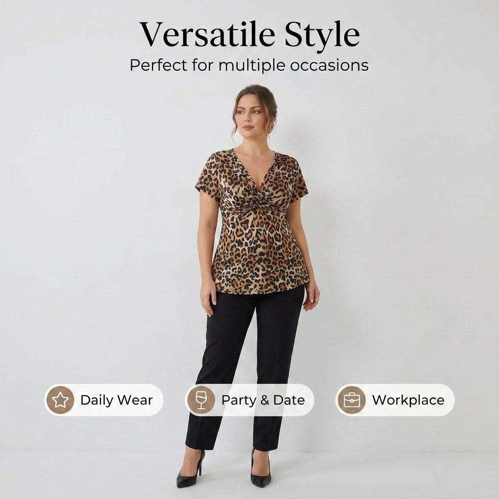 🐆 Női V-nyakú, elöl megkötős leopárdmintás blúz 👚