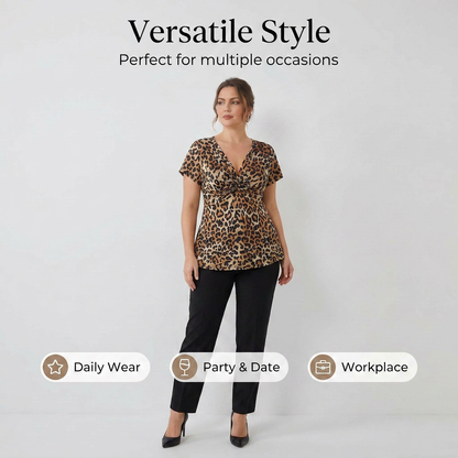 🐆 Női V-nyakú, elöl megkötős leopárdmintás blúz 👚