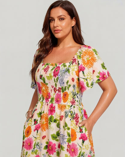 👗 Virágmintás midi ruha, smockolt négyzet alakú nyakkivágással és zsebekkel ✨