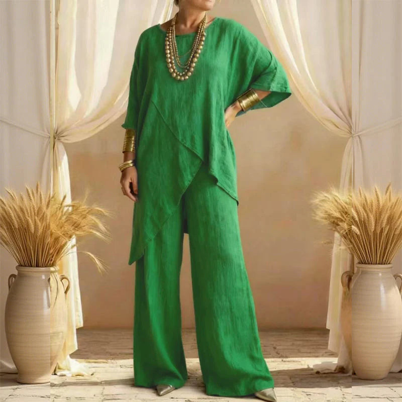 📿Ingyenes gyönyörű nyaklánc🌿 Könnyű széles szárú outfit✨ Aszimmetrikus kétrészes szett – Laza szabás és modern stílus!