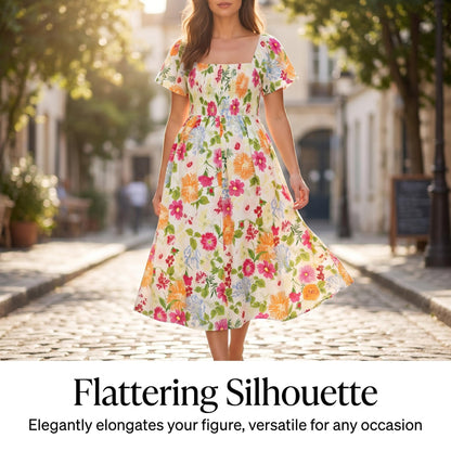 👗 Virágmintás midi ruha, smockolt négyzet alakú nyakkivágással és zsebekkel ✨