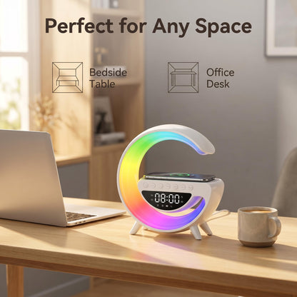 🎵 Félhold alakú RGB hangszórós lámpa vezeték nélküli töltővel 🔋